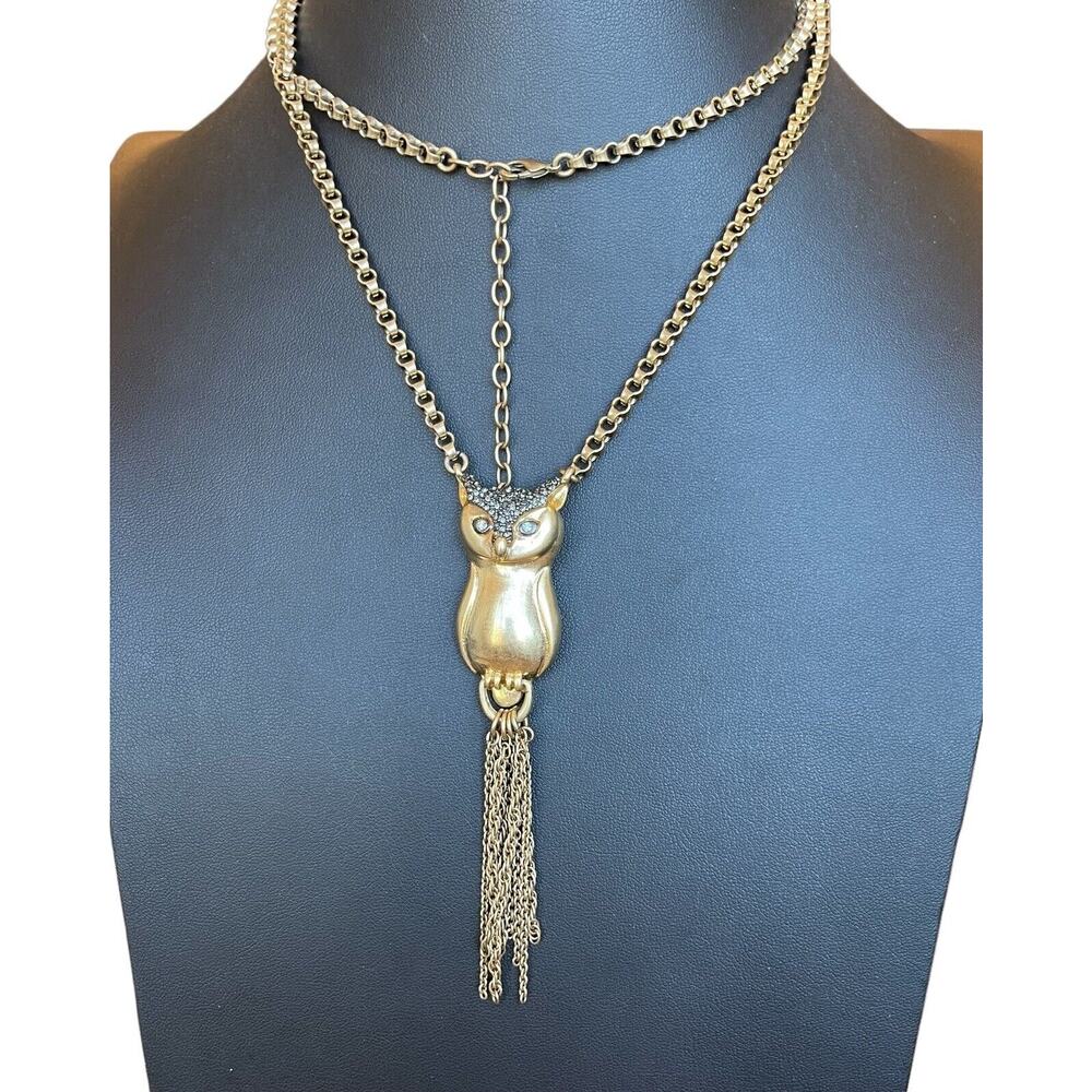 Stella & Dot Hematite Paved Crystal Rhinestone Antiqued Gold Owl Necklace 30”